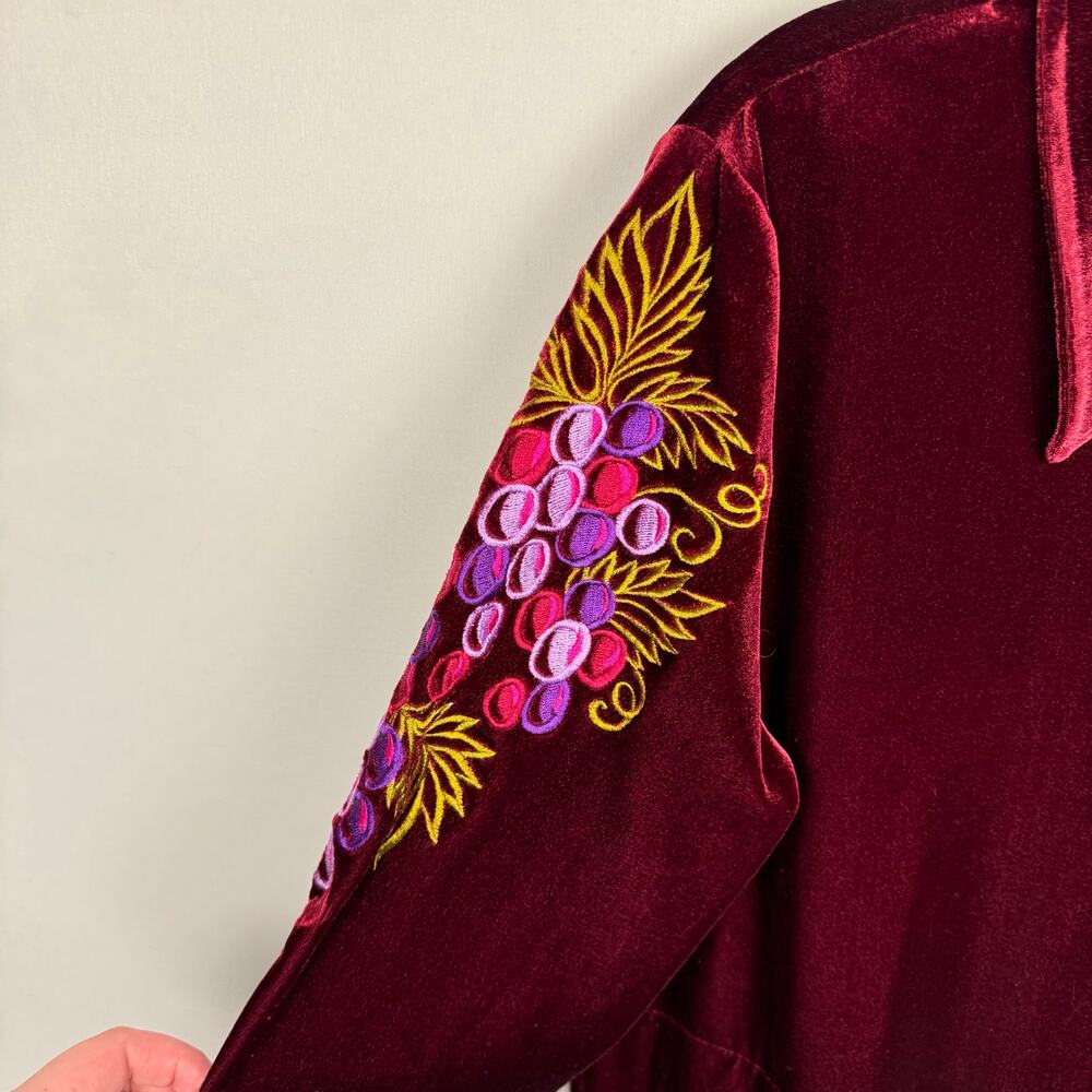 Vtg Bob Mackie Wine Red Velvet Embroidered Gape Long Sleeve Zip Top Sz Small - Picture 3 of 9